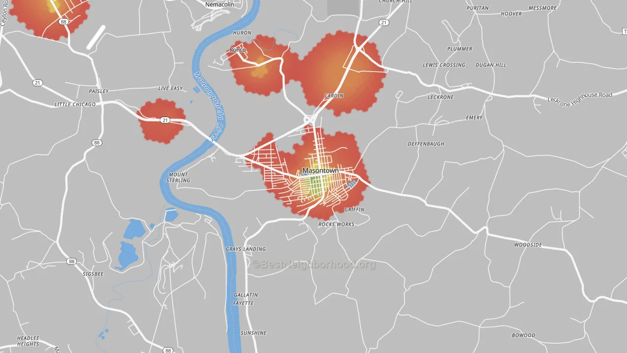 Walk Grade map of Masontown, PA, walkable areas in green and car-dependent areas in red