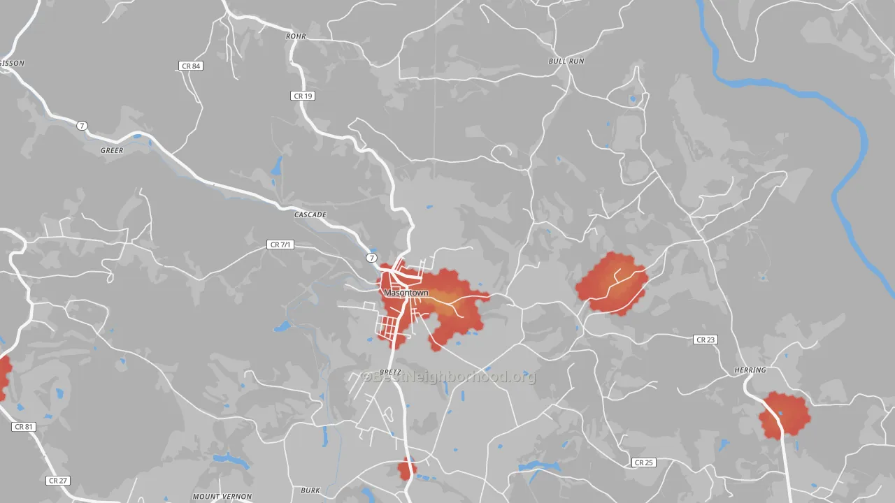 Walk Grade map of Masontown, WV, walkable areas in green and car-dependent areas in red