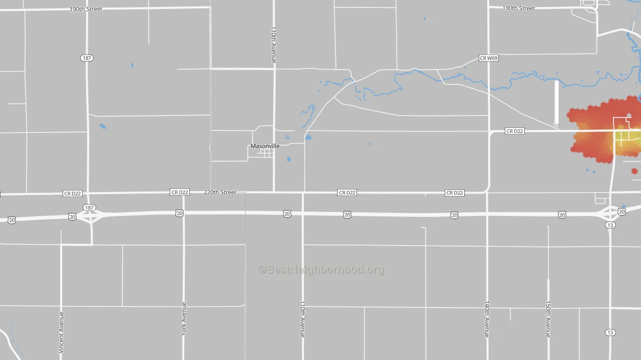 Walk Grade map of Masonville, IA, walkable areas in green and car-dependent areas in red