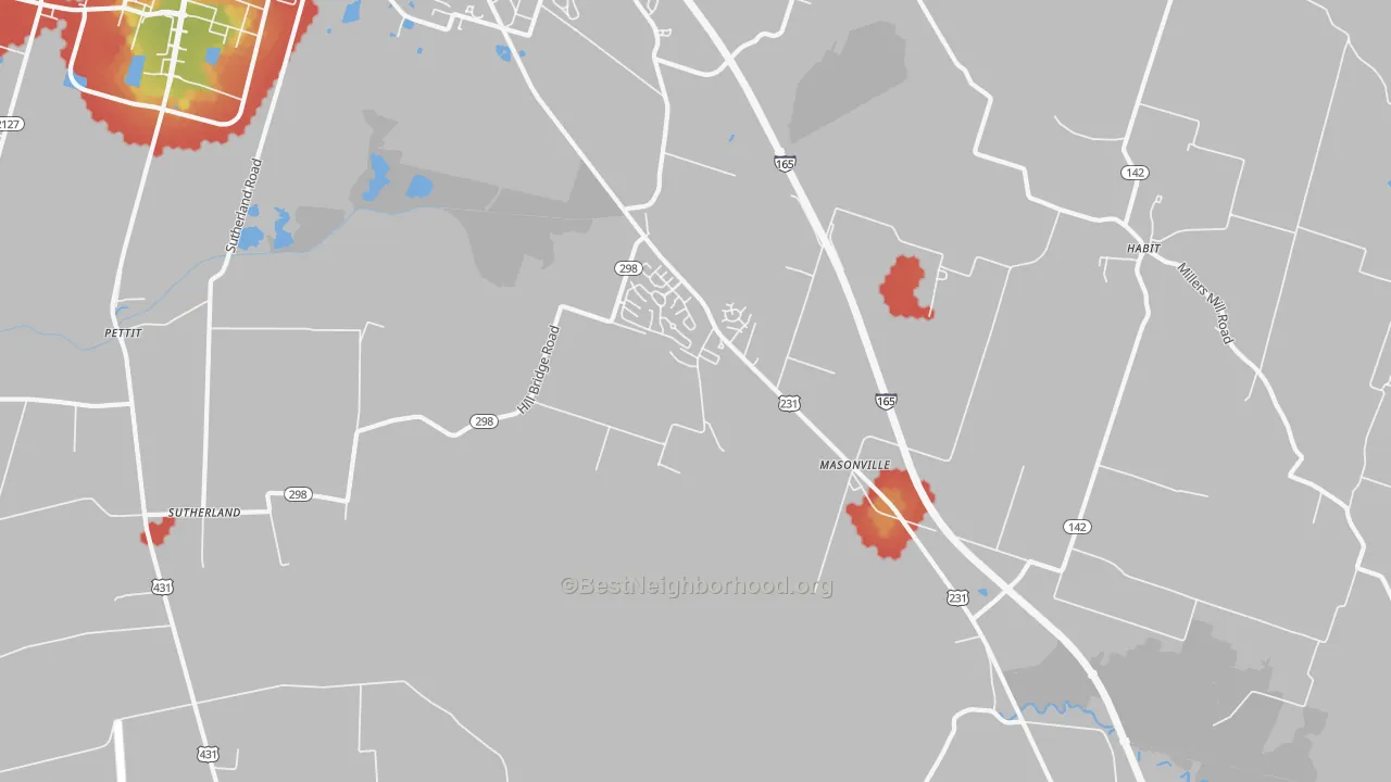 Walk Grade map of Masonville, KY, walkable areas in green and car-dependent areas in red
