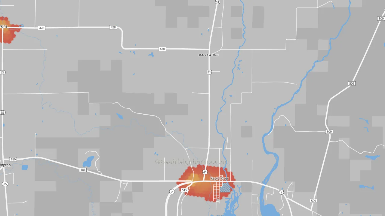 Walk Grade map of Masonville, MI, walkable areas in green and car-dependent areas in red