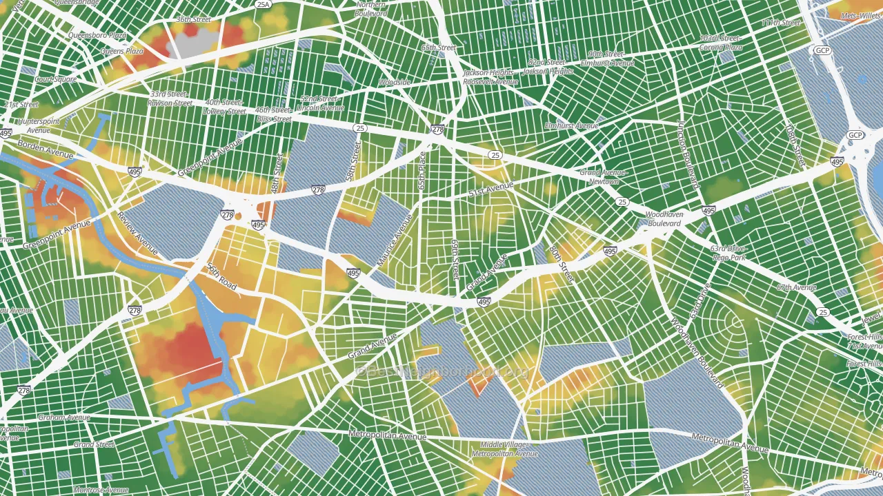 Walk Grade map of Maspeth, Queens, NY, walkable areas in green and car-dependent areas in red