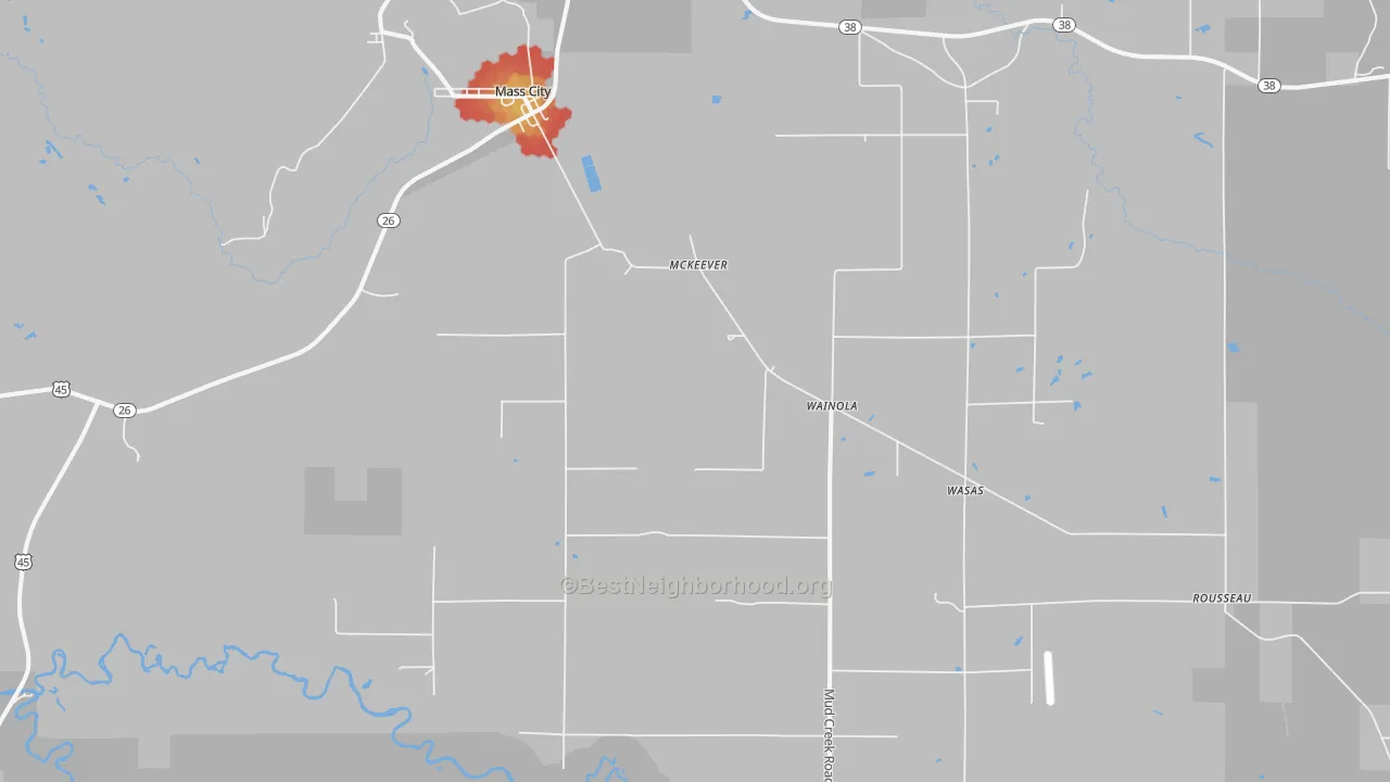 Walk Grade map of Mass City, MI, walkable areas in green and car-dependent areas in red