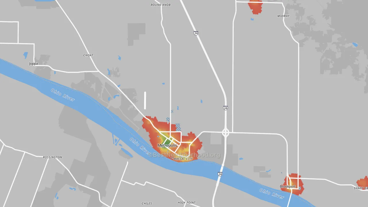 Walk Grade map of Massac County, IL, walkable areas in green and car-dependent areas in red