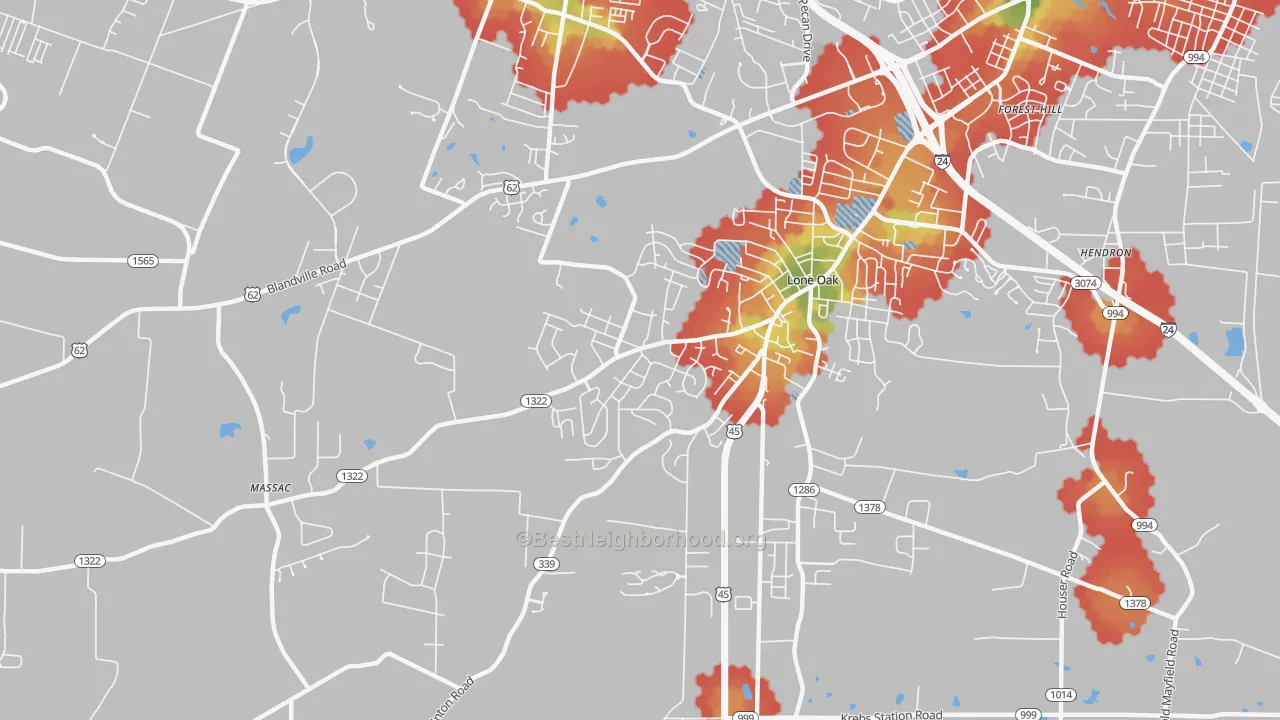 Walk Grade map of Massac, KY, walkable areas in green and car-dependent areas in red