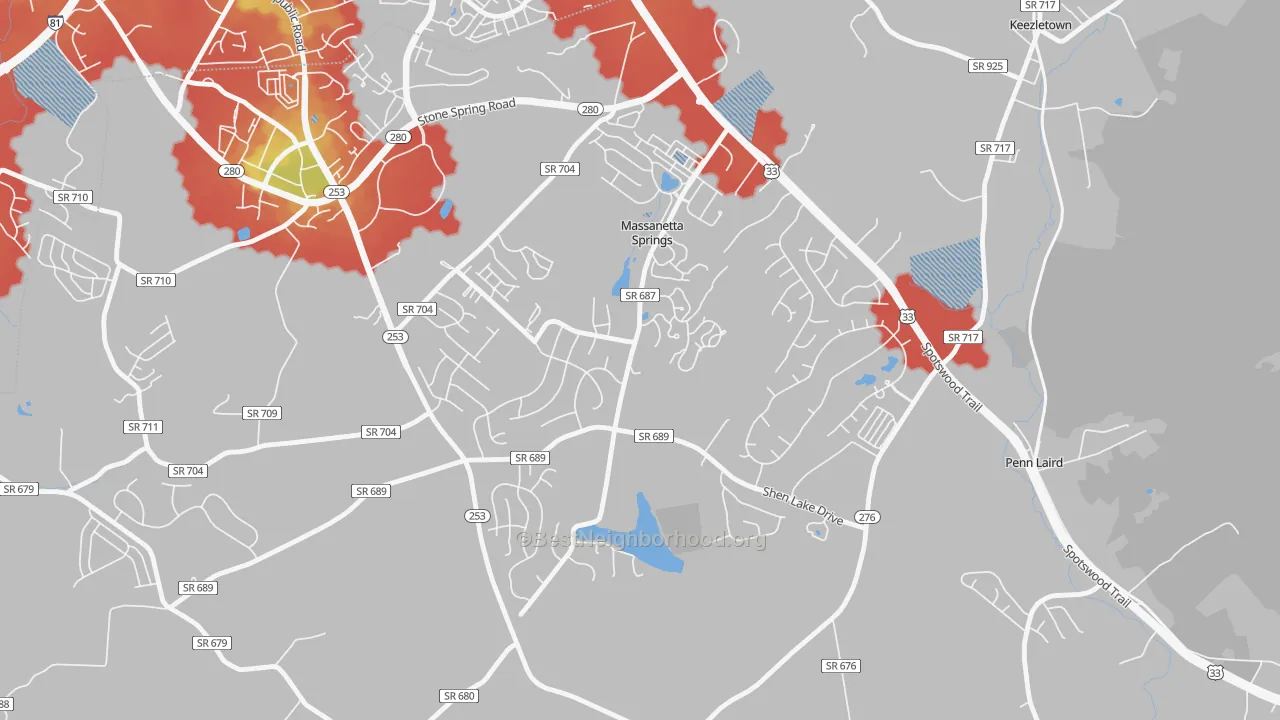 Walk Grade map of Massanetta Springs, VA, walkable areas in green and car-dependent areas in red