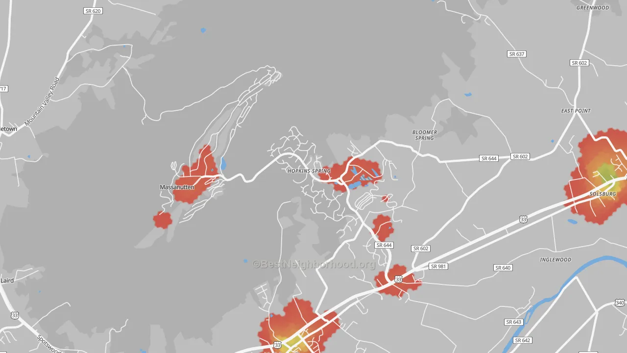 Walk Grade map of Massanutten, VA, walkable areas in green and car-dependent areas in red