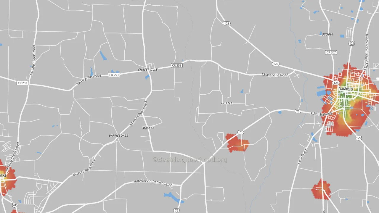 Walk Grade map of Massee, GA, walkable areas in green and car-dependent areas in red
