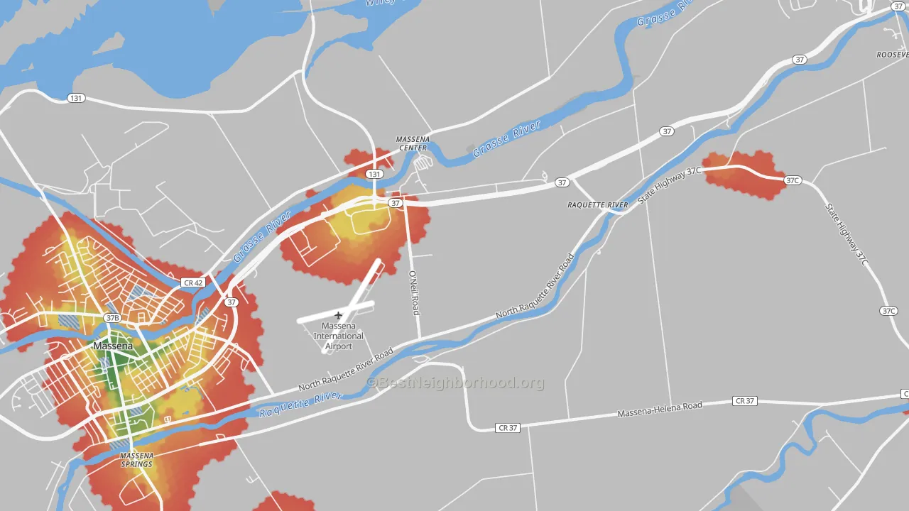 Walk Grade map of Massena Center, NY, walkable areas in green and car-dependent areas in red