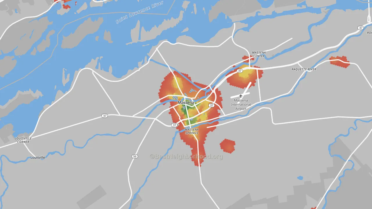 Walk Grade map of Massena, NY, walkable areas in green and car-dependent areas in red