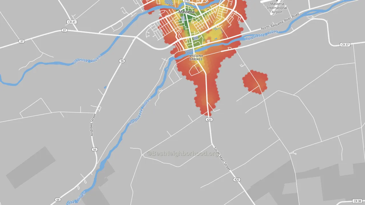 Walk Grade map of Massena Springs, NY, walkable areas in green and car-dependent areas in red
