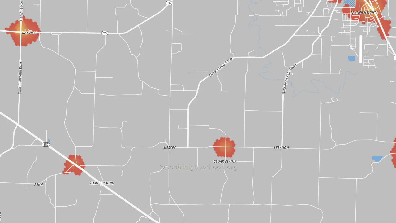 Walk Grade map of Massey, AL, walkable areas in green and car-dependent areas in red