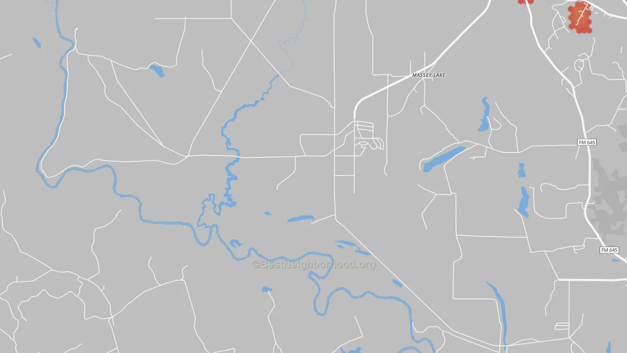 Walk Grade map of Massey Lake, TX, walkable areas in green and car-dependent areas in red