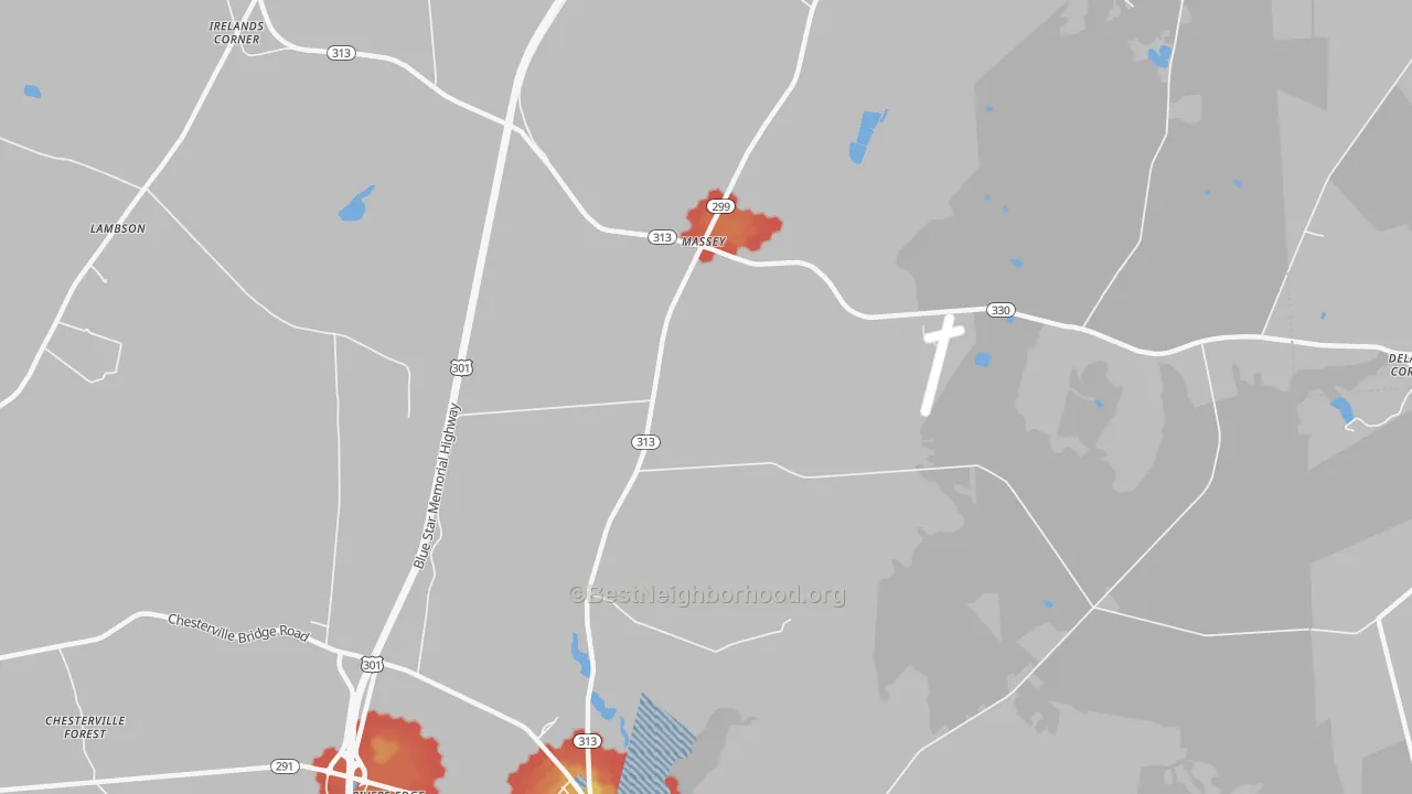 Walk Grade map of Massey, MD, walkable areas in green and car-dependent areas in red