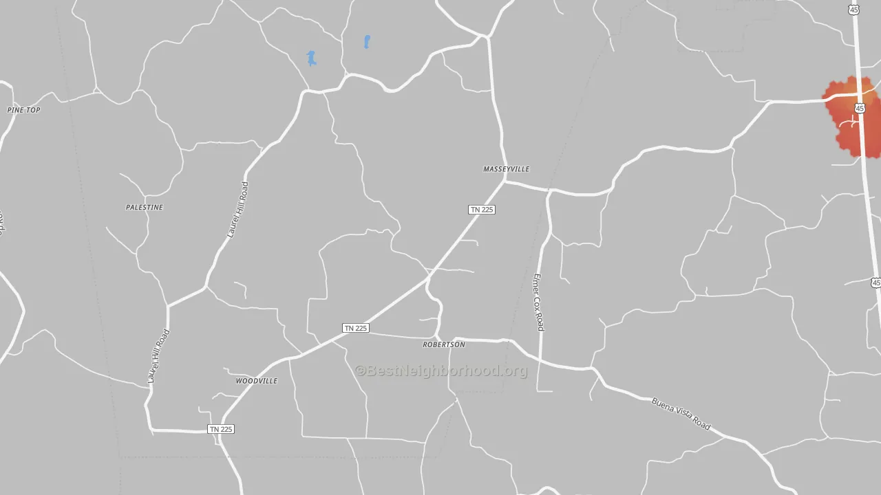Walk Grade map of Masseyville, TN, walkable areas in green and car-dependent areas in red