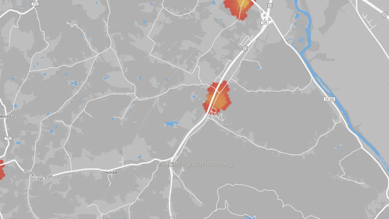 Walk Grade map of Massieville, OH, walkable areas in green and car-dependent areas in red