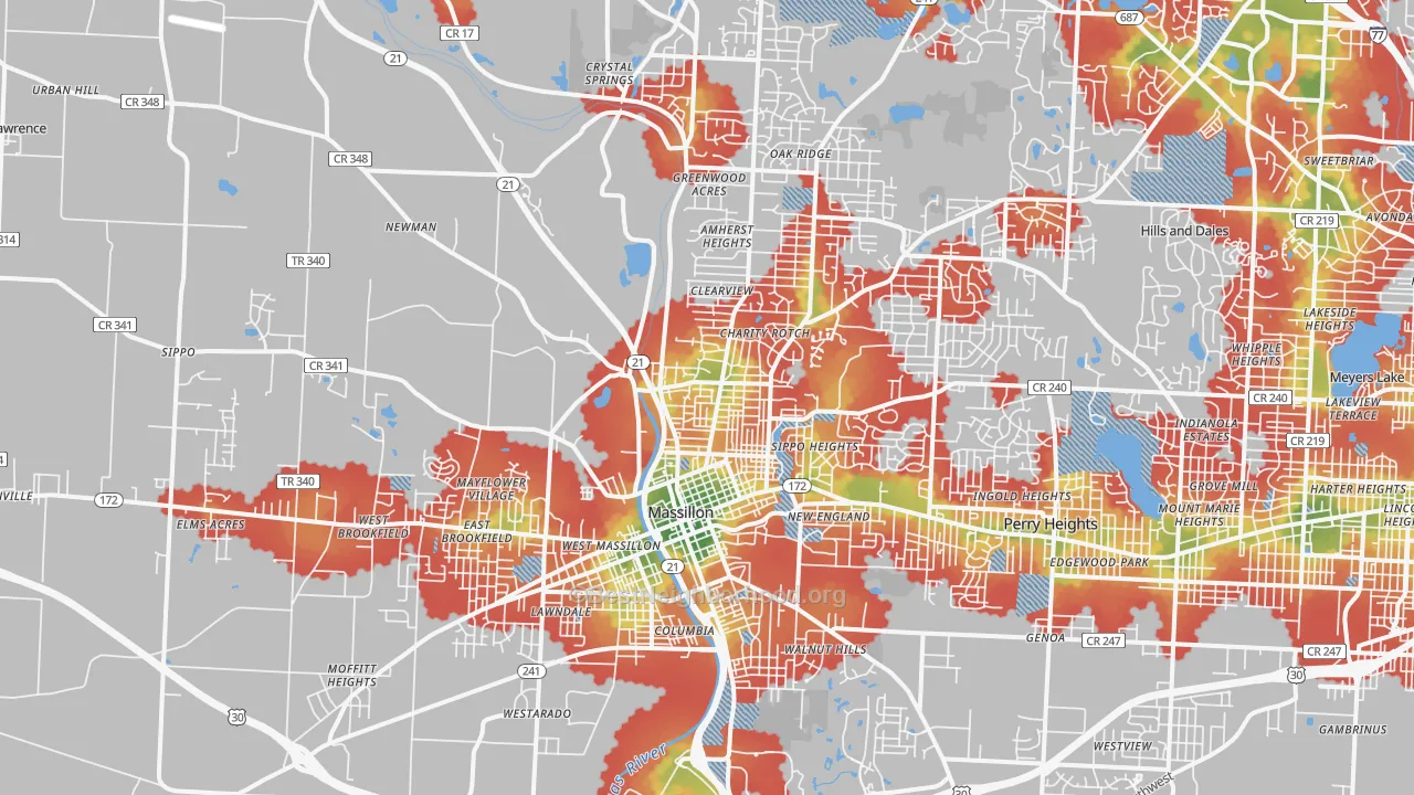 Walk Grade map of Massillon, OH, walkable areas in green and car-dependent areas in red