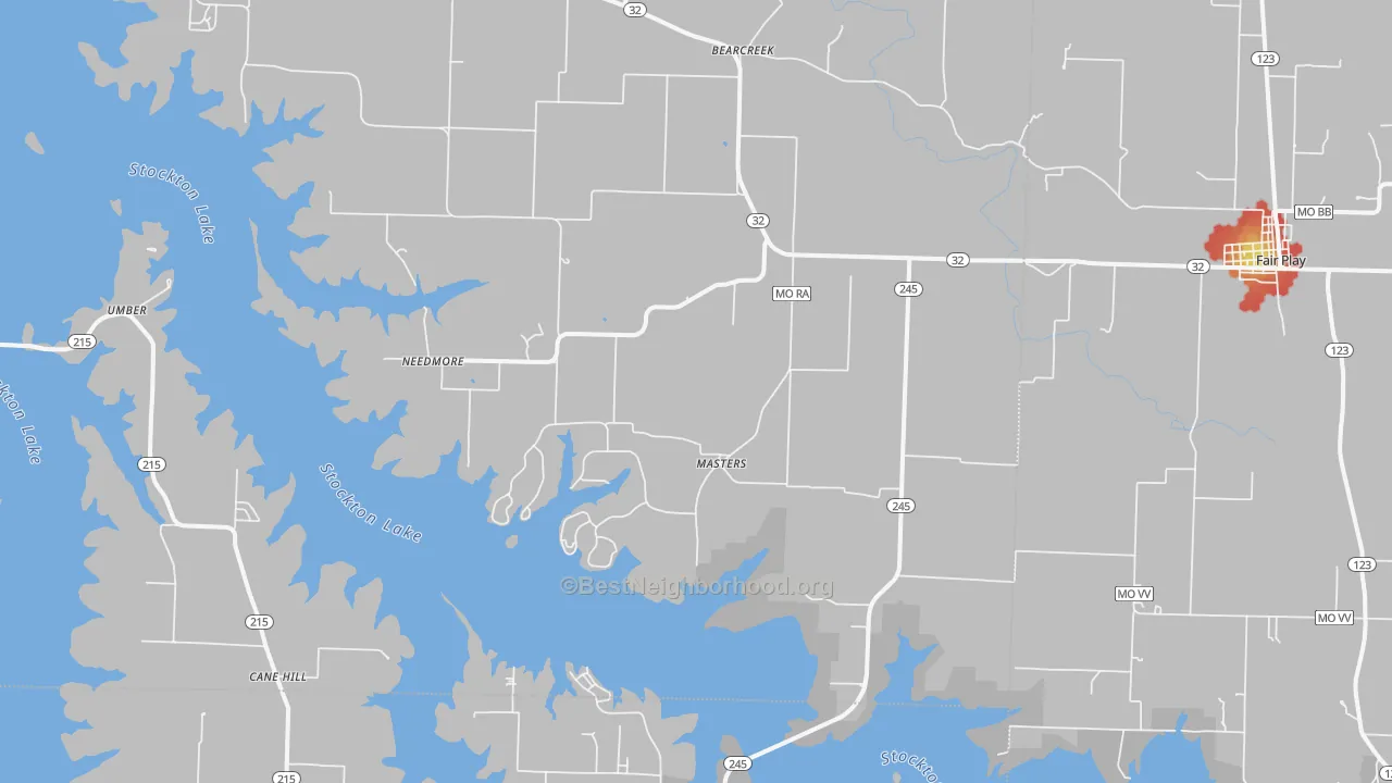 Walk Grade map of Masters, MO, walkable areas in green and car-dependent areas in red