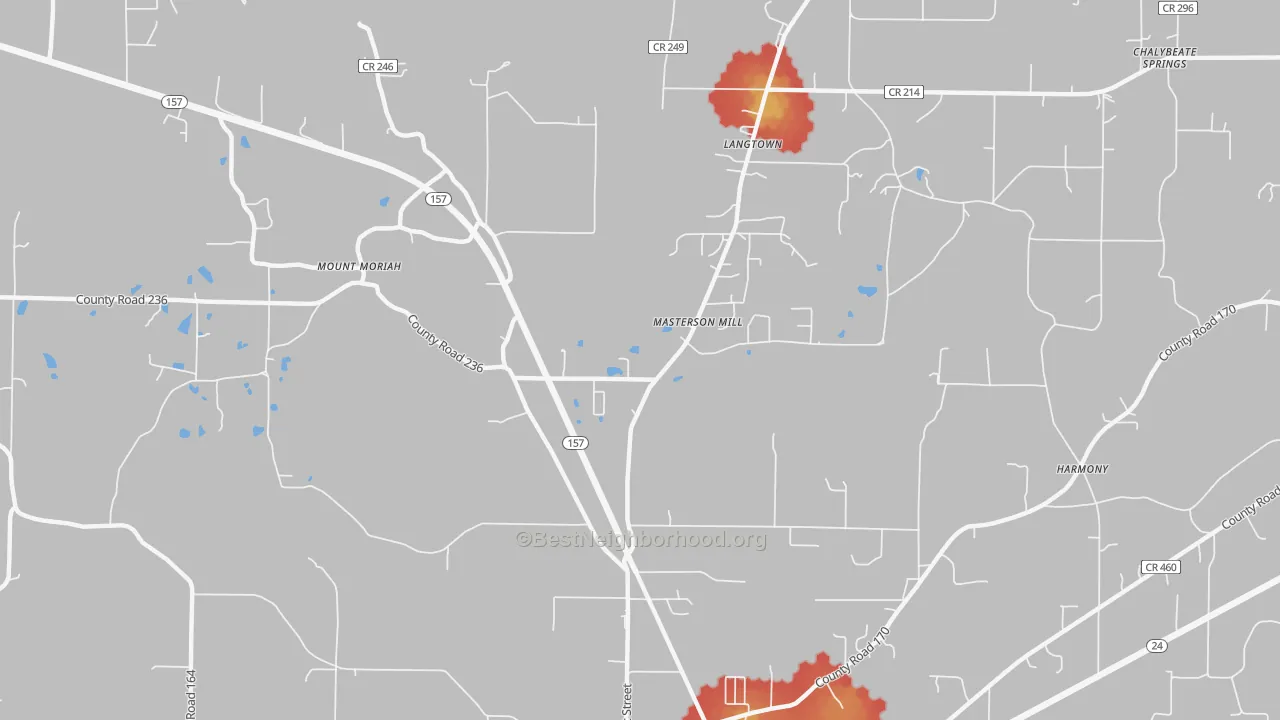 Walk Grade map of Masterson Mill, AL, walkable areas in green and car-dependent areas in red