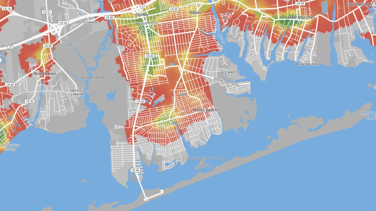 Walk Grade map of Mastic Beach, NY, walkable areas in green and car-dependent areas in red