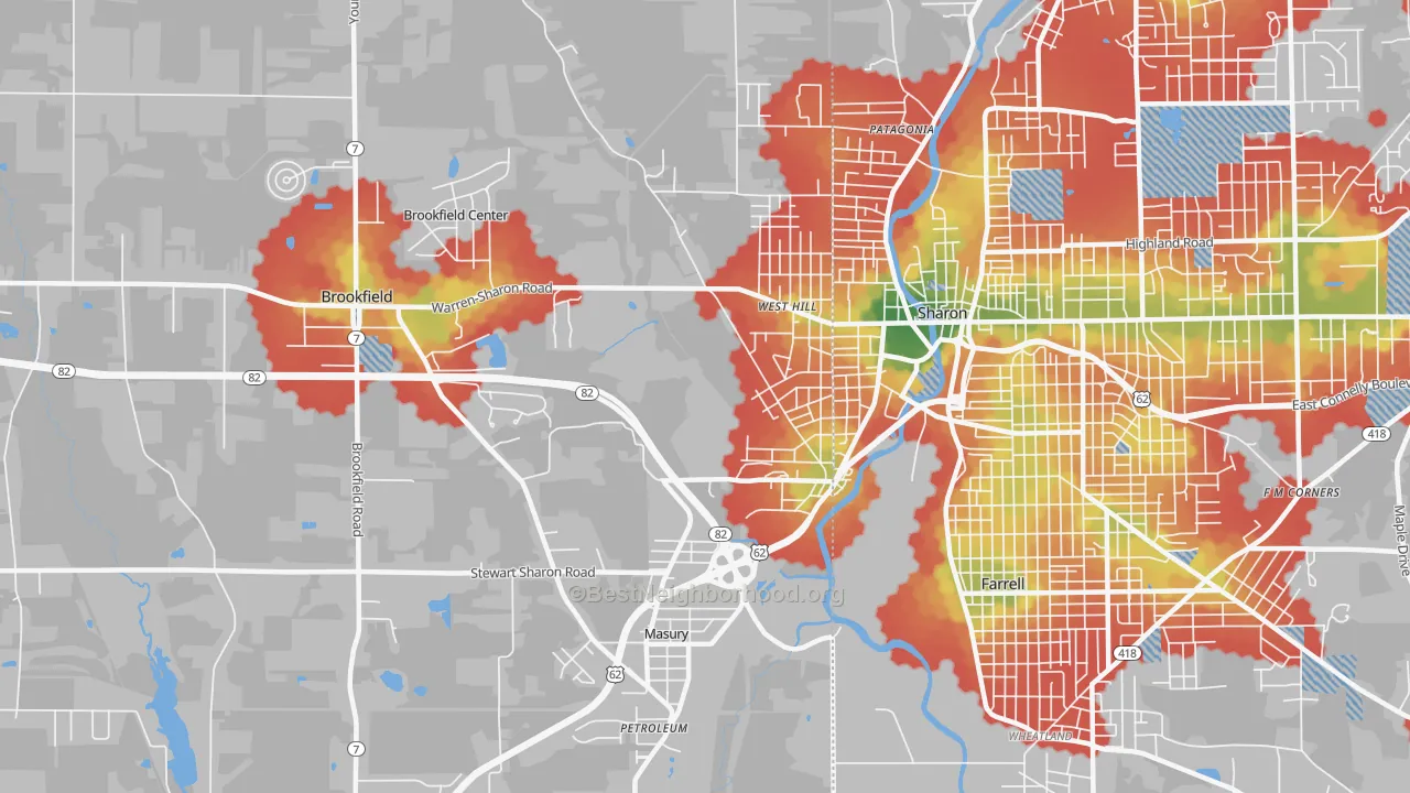 Walk Grade map of Masury, OH, walkable areas in green and car-dependent areas in red