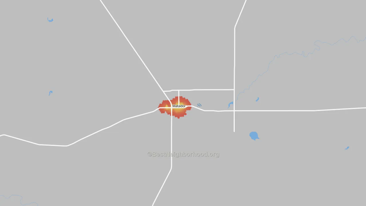 Walk Grade map of Matador, TX, walkable areas in green and car-dependent areas in red