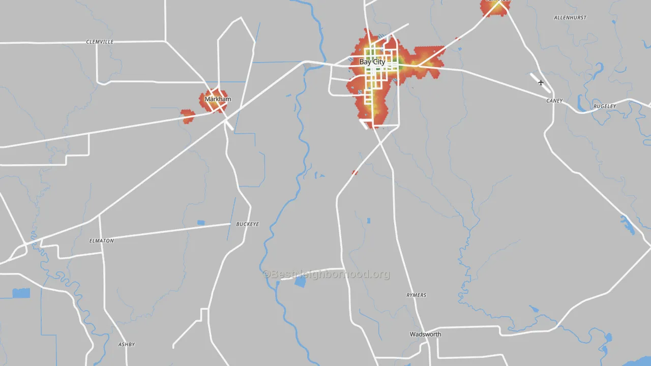 Walk Grade map of Matagorda County, TX, walkable areas in green and car-dependent areas in red