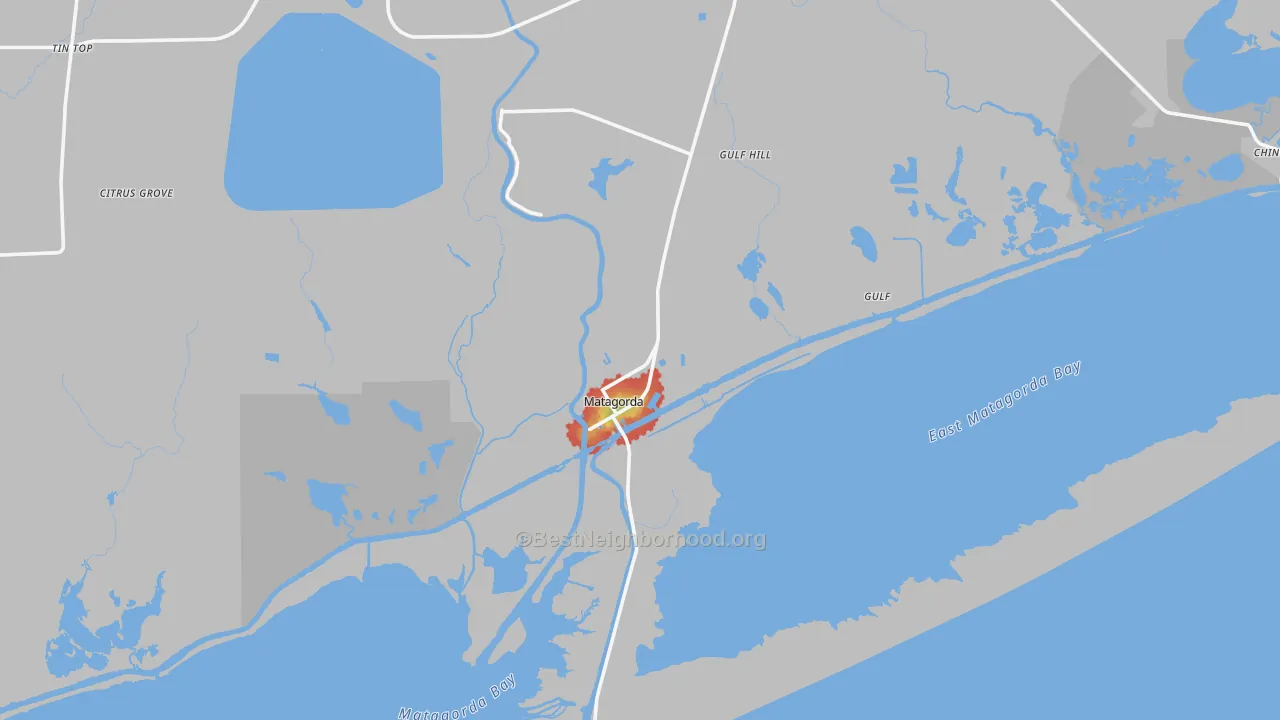 Walk Grade map of Matagorda, TX, walkable areas in green and car-dependent areas in red