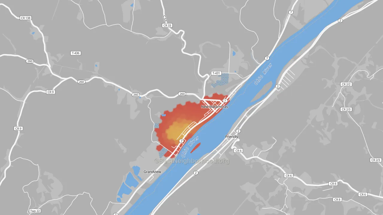 Walk Grade map of Matamoras, OH, walkable areas in green and car-dependent areas in red