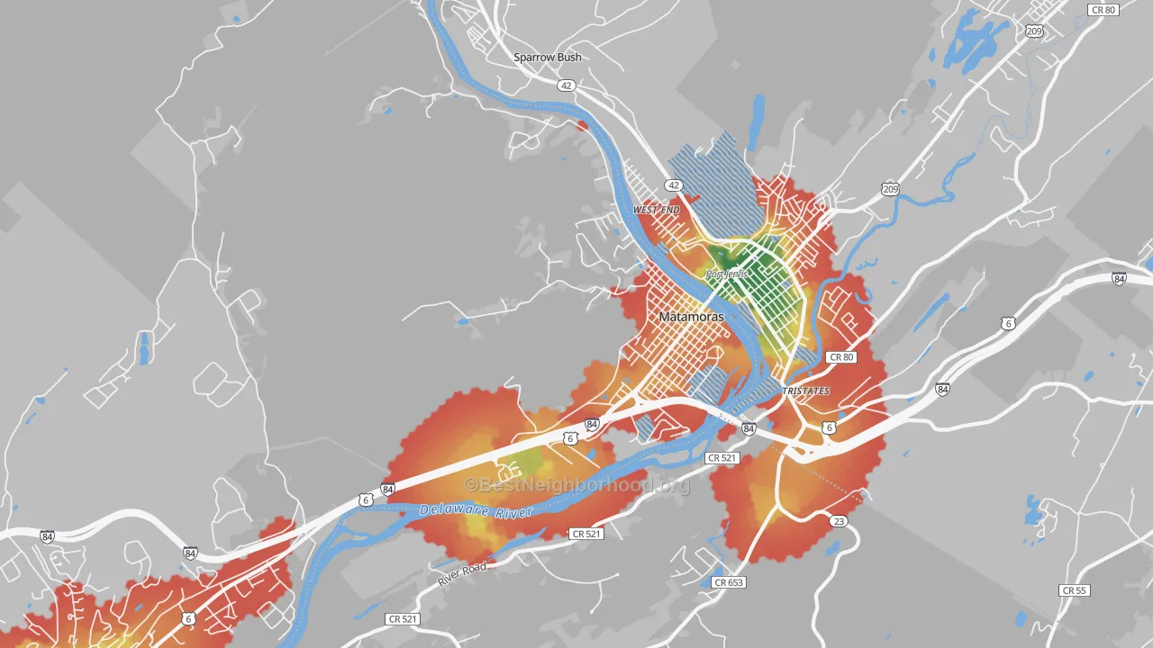 Walk Grade map of Matamoras, PA, walkable areas in green and car-dependent areas in red