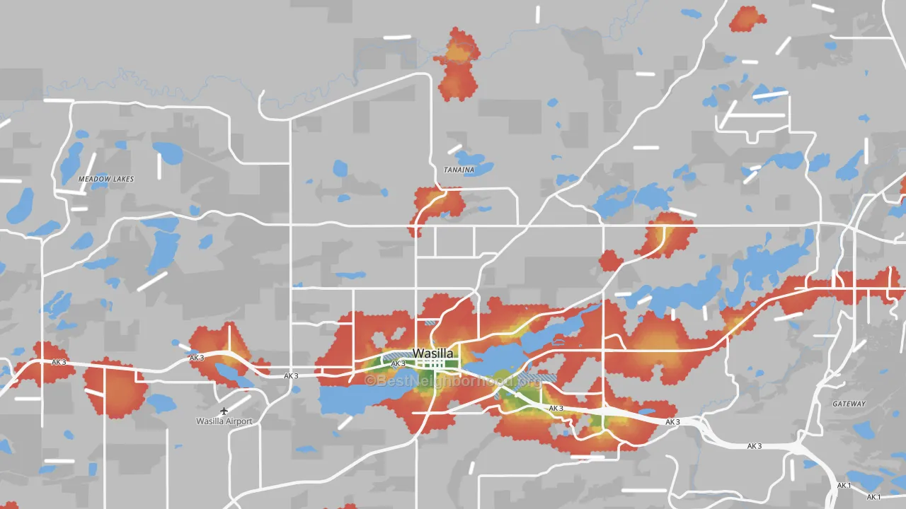 Walk Grade map of Matanuska-Susitna Borough, AK, walkable areas in green and car-dependent areas in red