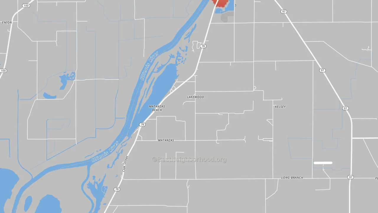 Walk Grade map of Matanzas Beach, IL, walkable areas in green and car-dependent areas in red