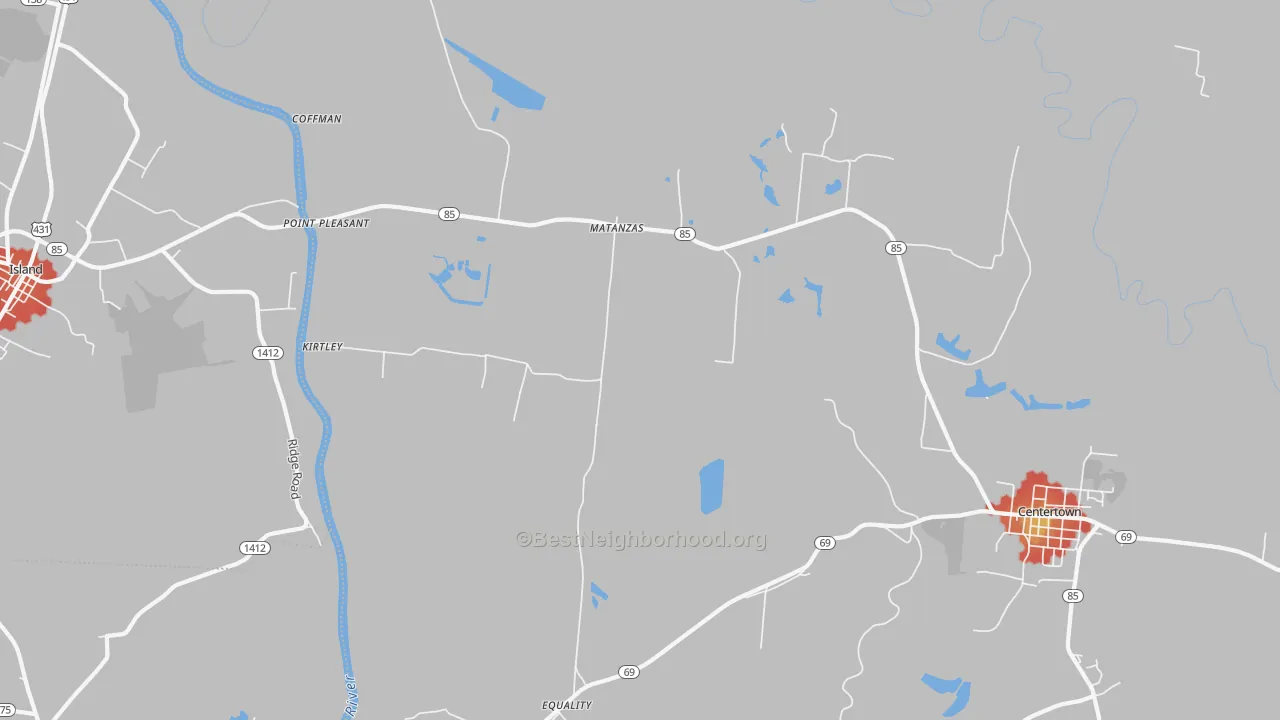 Walk Grade map of Matanzas, KY, walkable areas in green and car-dependent areas in red