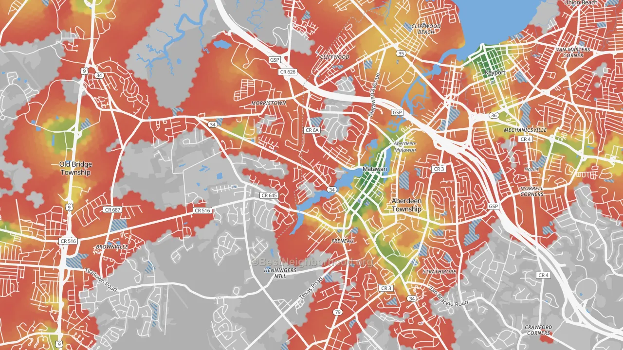 Walk Grade map of Matawan, NJ, walkable areas in green and car-dependent areas in red