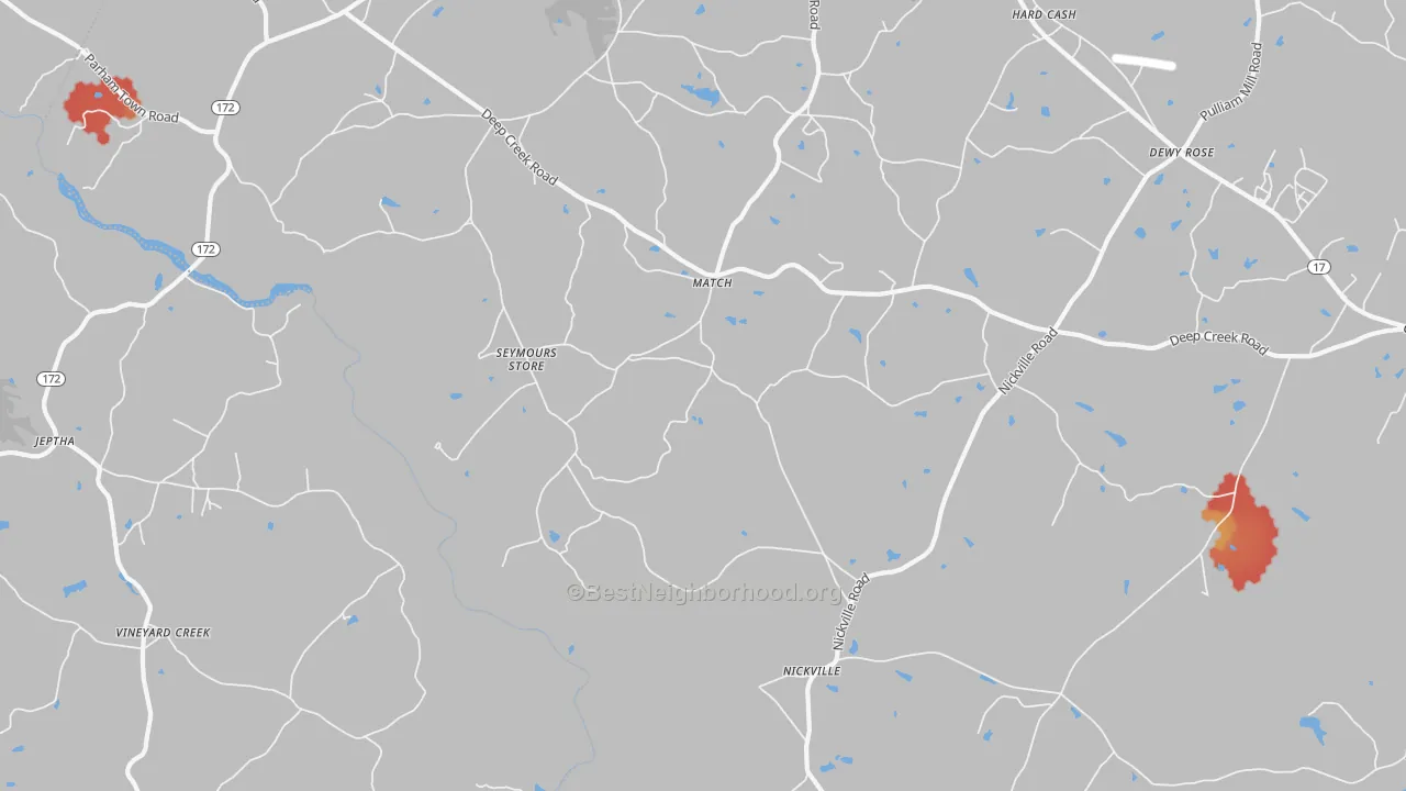 Walk Grade map of Match, GA, walkable areas in green and car-dependent areas in red