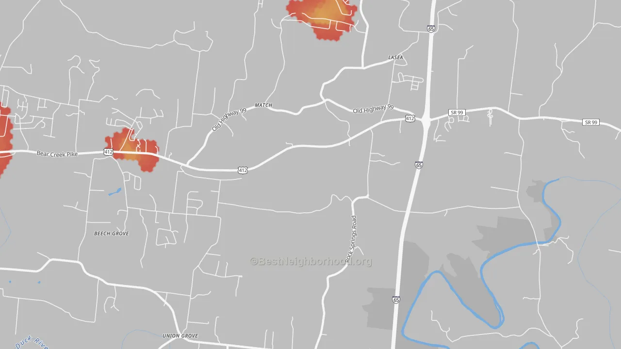 Walk Grade map of Match, TN, walkable areas in green and car-dependent areas in red