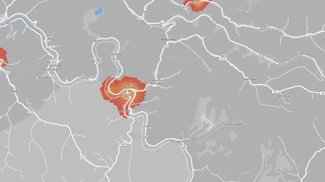 Walk Grade map of Matewan, WV, walkable areas in green and car-dependent areas in red