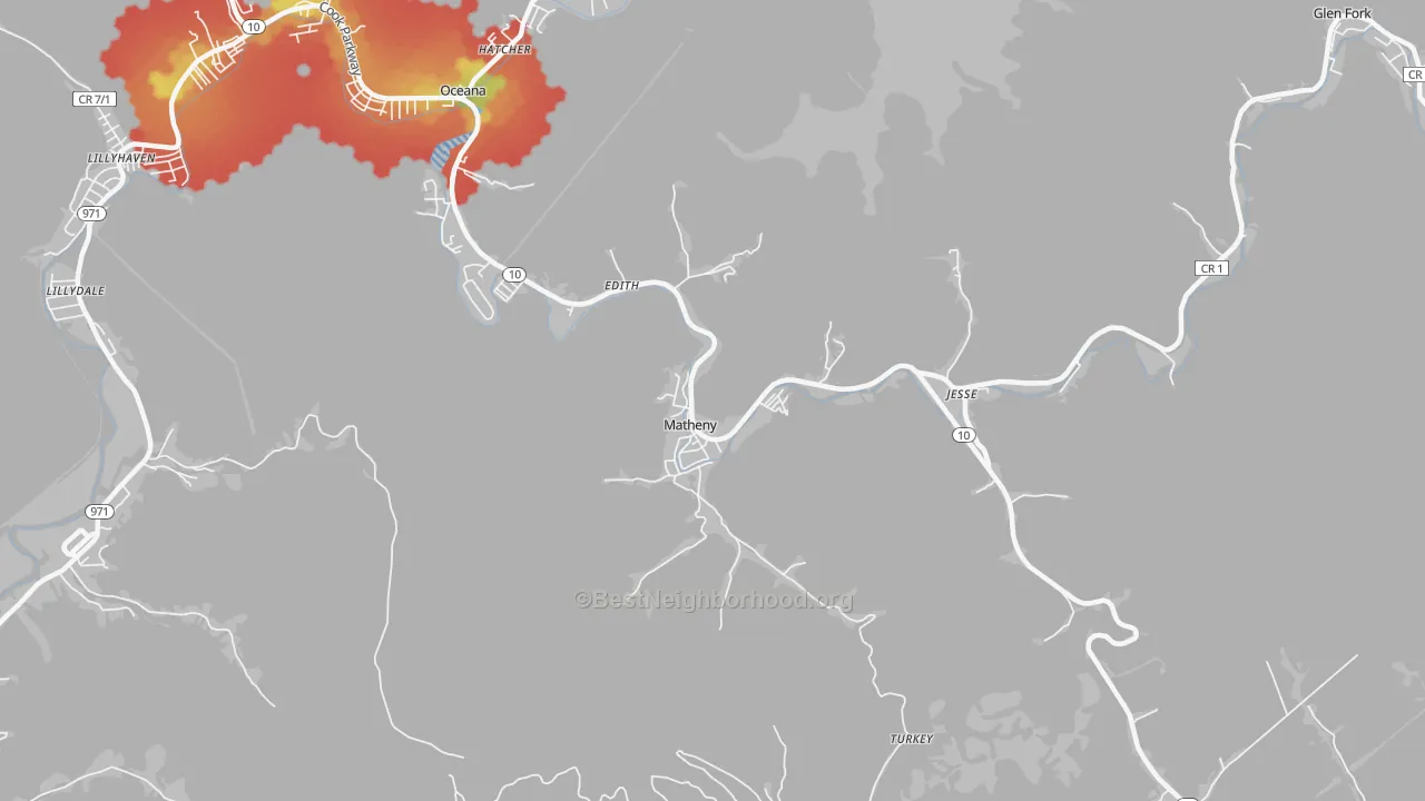 Walk Grade map of Matheny, WV, walkable areas in green and car-dependent areas in red