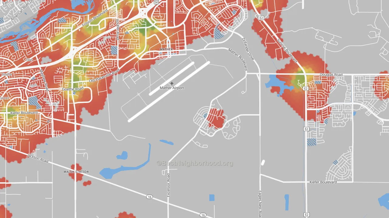 Walk Grade map of Mather, CA, walkable areas in green and car-dependent areas in red