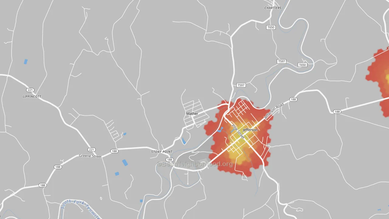 Walk Grade map of Mather, PA, walkable areas in green and car-dependent areas in red