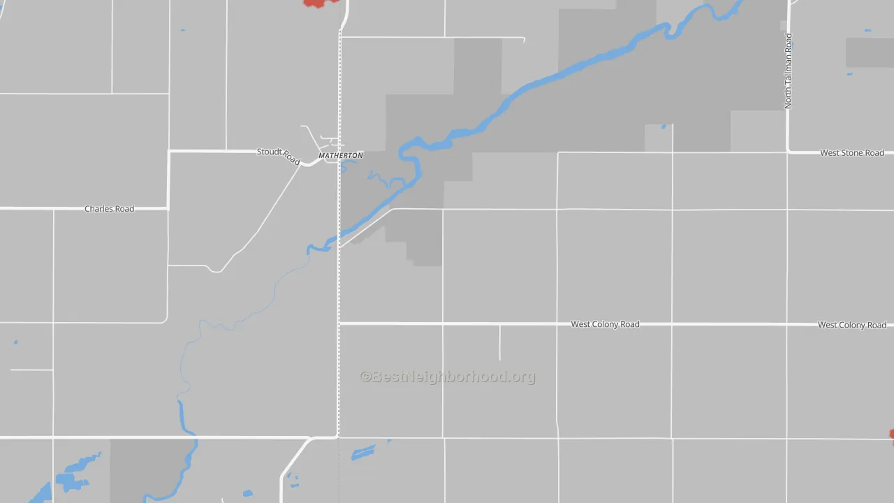 Walk Grade map of Matherton, MI, walkable areas in green and car-dependent areas in red