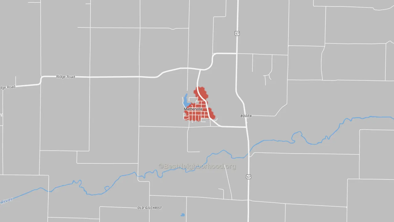 Walk Grade map of Matherville, IL, walkable areas in green and car-dependent areas in red