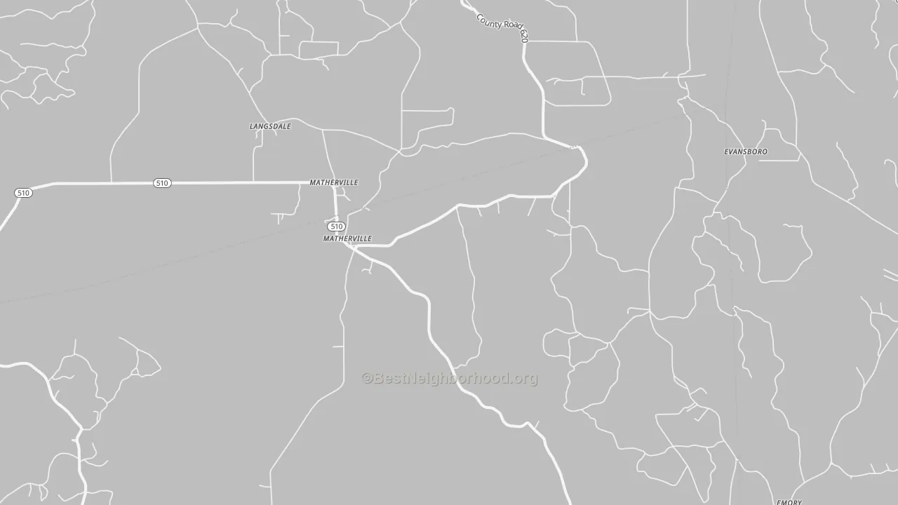 Walk Grade map of Matherville, MS, walkable areas in green and car-dependent areas in red