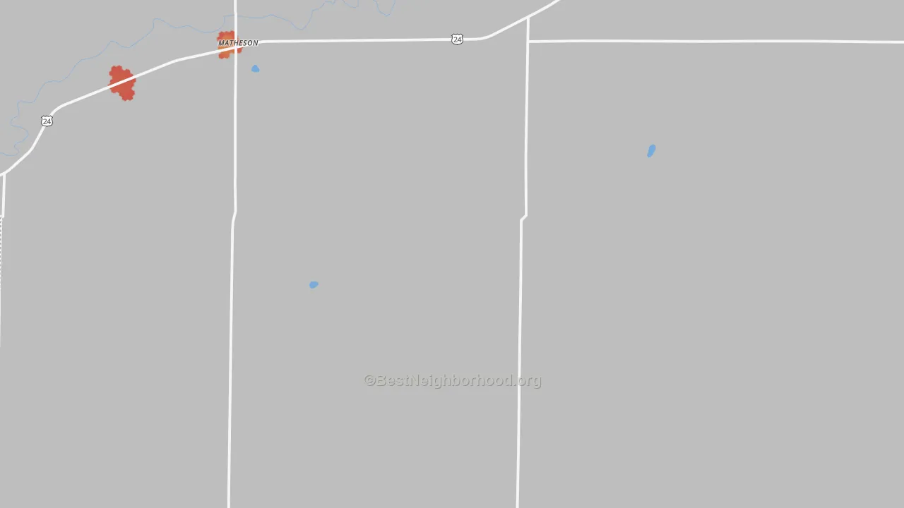 Walk Grade map of Matheson, CO, walkable areas in green and car-dependent areas in red