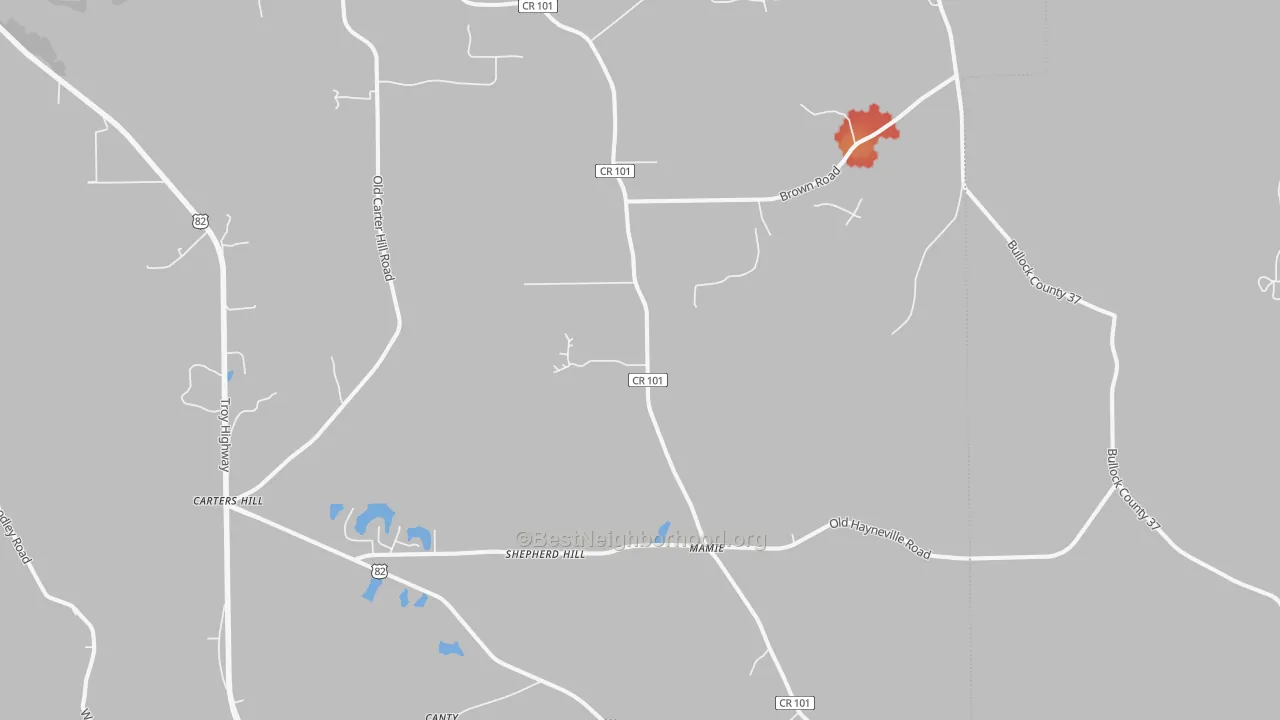 Walk Grade map of Mathews, AL, walkable areas in green and car-dependent areas in red