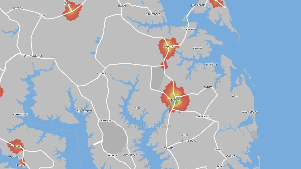 Walk Grade map of Mathews County, VA, walkable areas in green and car-dependent areas in red