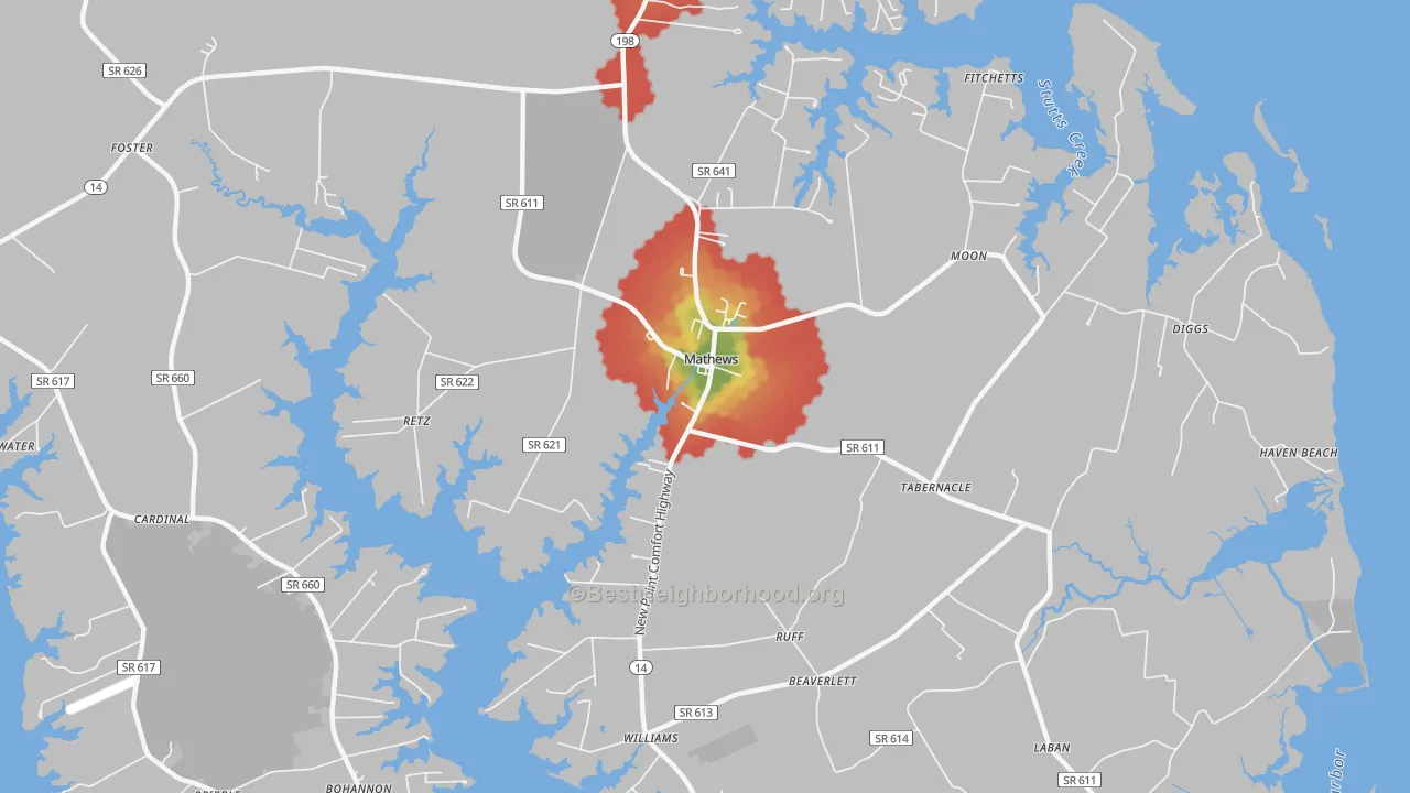 Walk Grade map of Mathews, VA, walkable areas in green and car-dependent areas in red