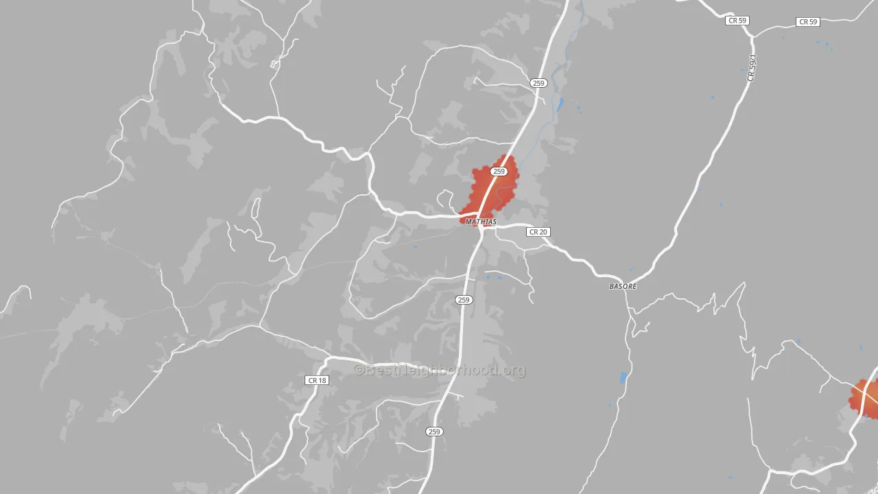 Walk Grade map of Mathias, WV, walkable areas in green and car-dependent areas in red