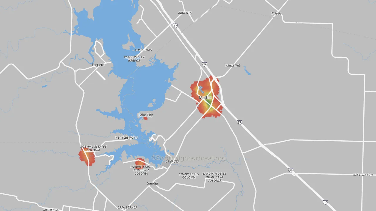 Walk Grade map of Mathis, TX, walkable areas in green and car-dependent areas in red