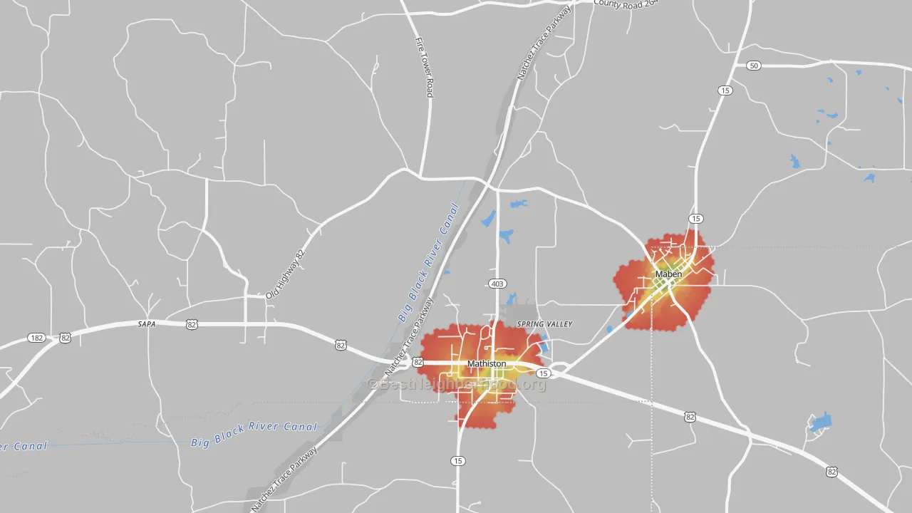 Walk Grade map of Mathiston, MS, walkable areas in green and car-dependent areas in red